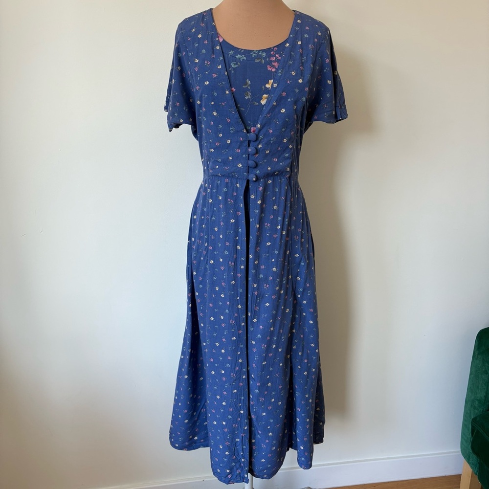 Erika Studio Vintage 90s Blue Floral Print Button Front Tie Back Midi Dress Sz M